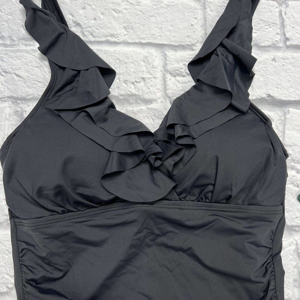 LRL Ralph Lauren BLACK Beach Club Solids Ruffle Tankini Swim Top Size 6 Slimming - Picture 2 of 7